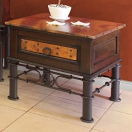 Single Drawer End Table with Copper Top and Drawer, Hand Forged Iron Base and Nail Head Trim